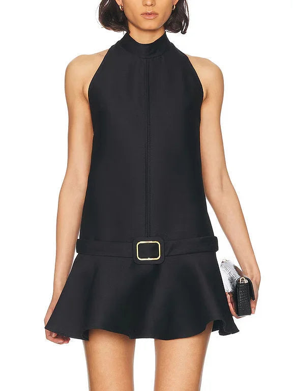 Belted Mock-Neck Black Mini Dress - Dresses