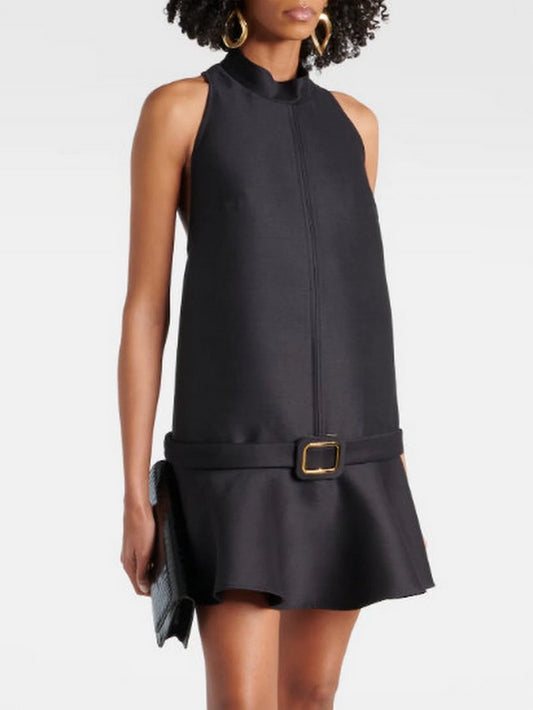 Belted Mock-Neck Black Mini Dress - Small - Dresses