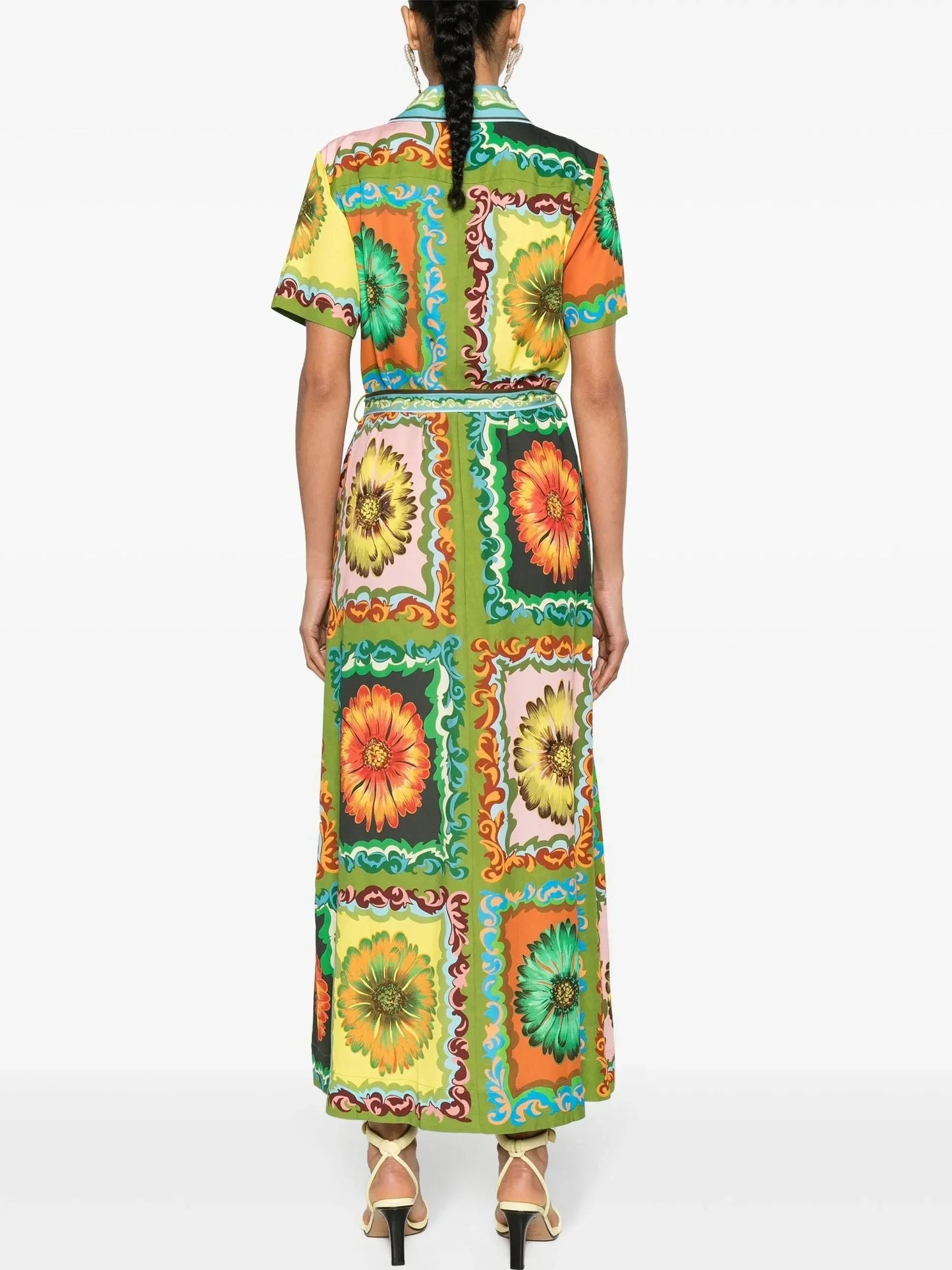 Belted Multicolor Daisy Printed Short-Sleeve Shirt Dress - Dresses