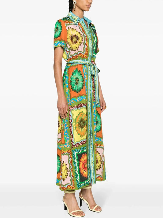 Belted Multicolor Daisy Printed Short-Sleeve Shirt Dress - Dresses