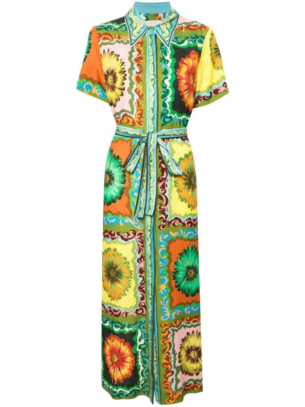 Belted Multicolor Daisy Printed Short-Sleeve Shirt Dress - Dresses