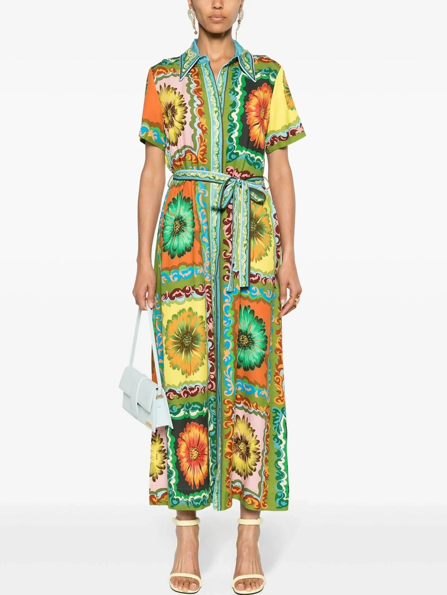 Belted Multicolor Daisy Printed Short-Sleeve Shirt Dress - Dresses