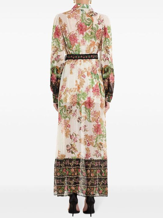 Belted Multicolor Floral-Print Long-Sleeve Dress by Branna Couture displayed on model