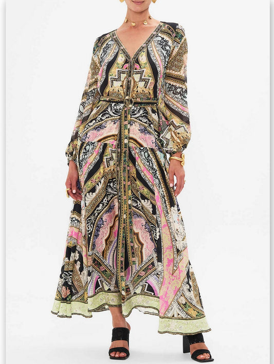 Belted Multicolor Printed Silk V-Neck Maxi Dress with elegant patterns and long sleeves