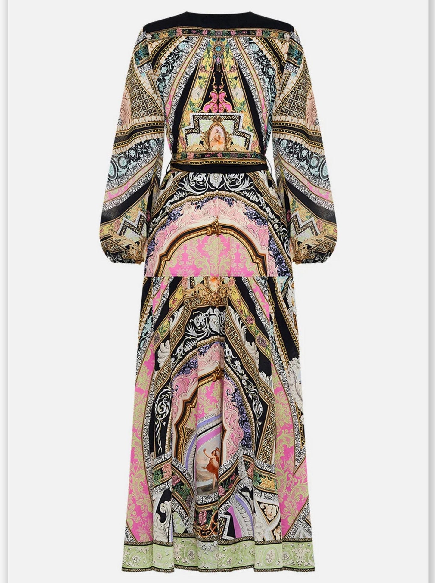 Belted multicolor printed silk V-neck maxi dress with vibrant patterns and long sleeves