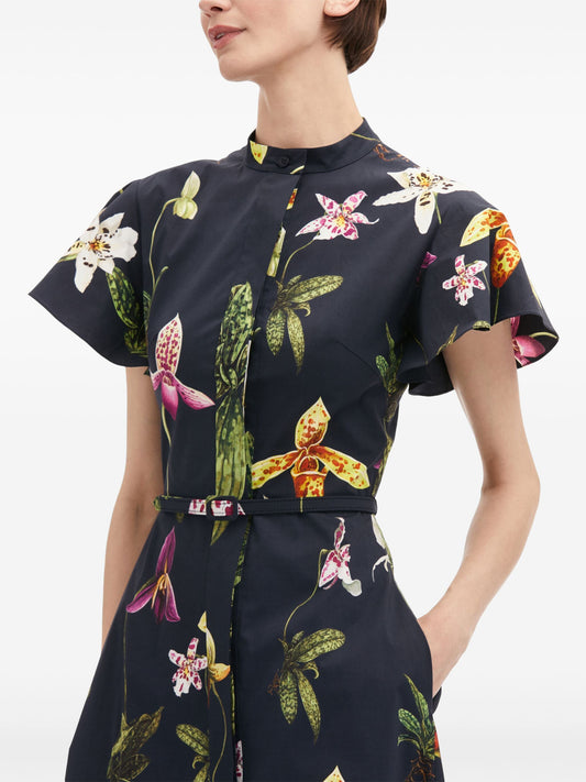 Floral-patterned belted orchid print cotton poplin midi dress for stylish summer wear