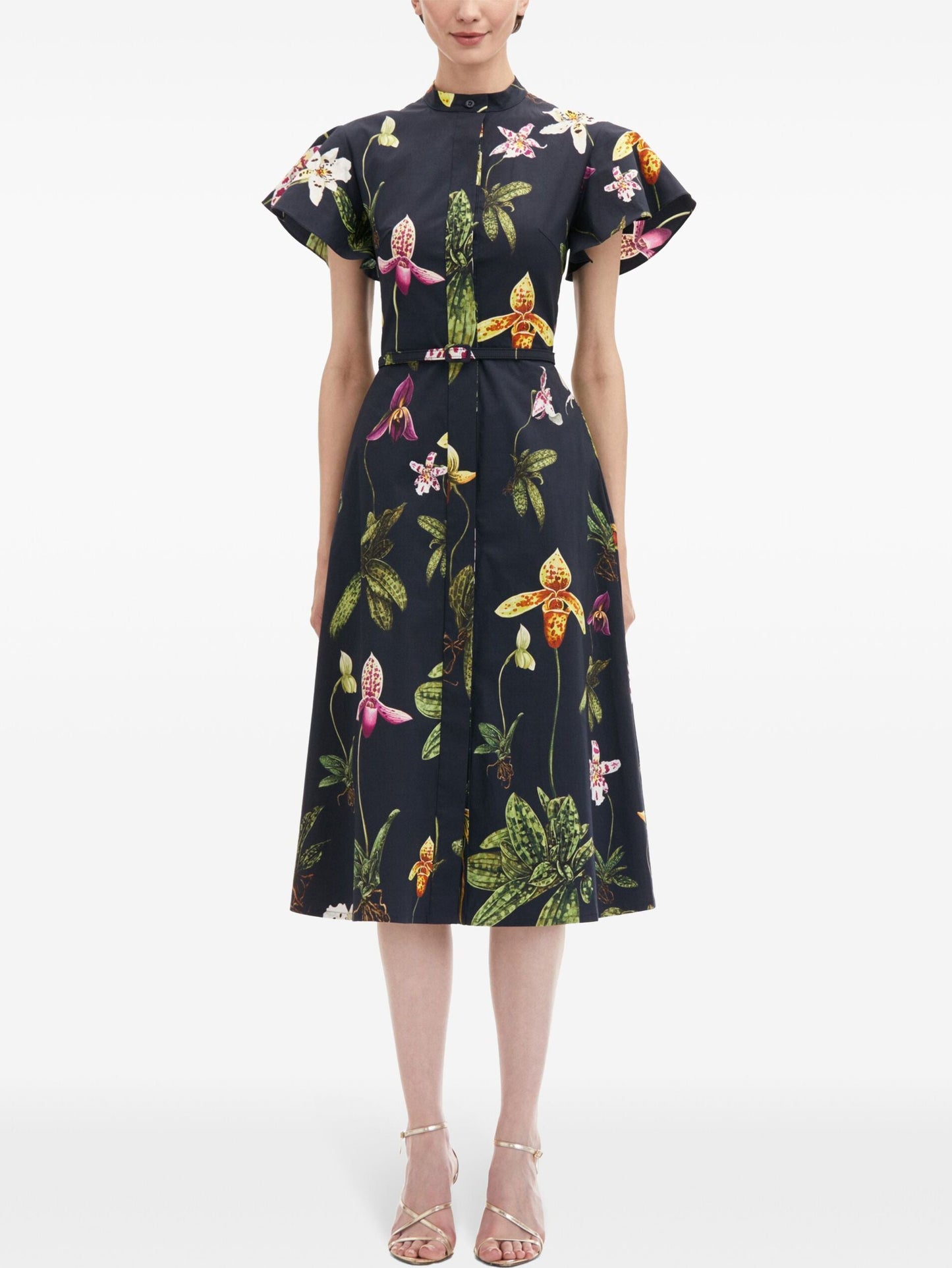 Floral-patterned Belted Orchid Print Cotton Poplin Midi Dress with flutter sleeves