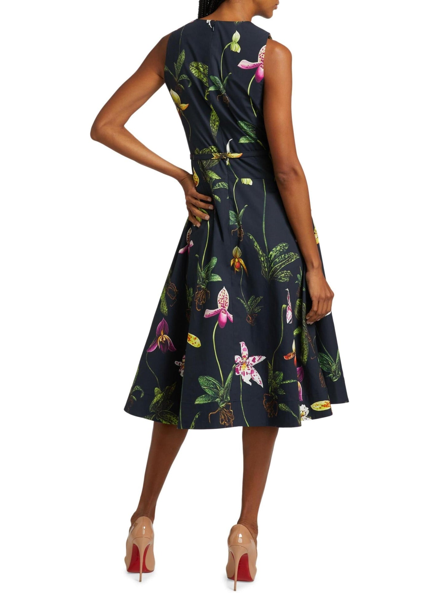 Belted Orchid Print Fit & Flare Midi Dress with floral pattern and sleeveless design