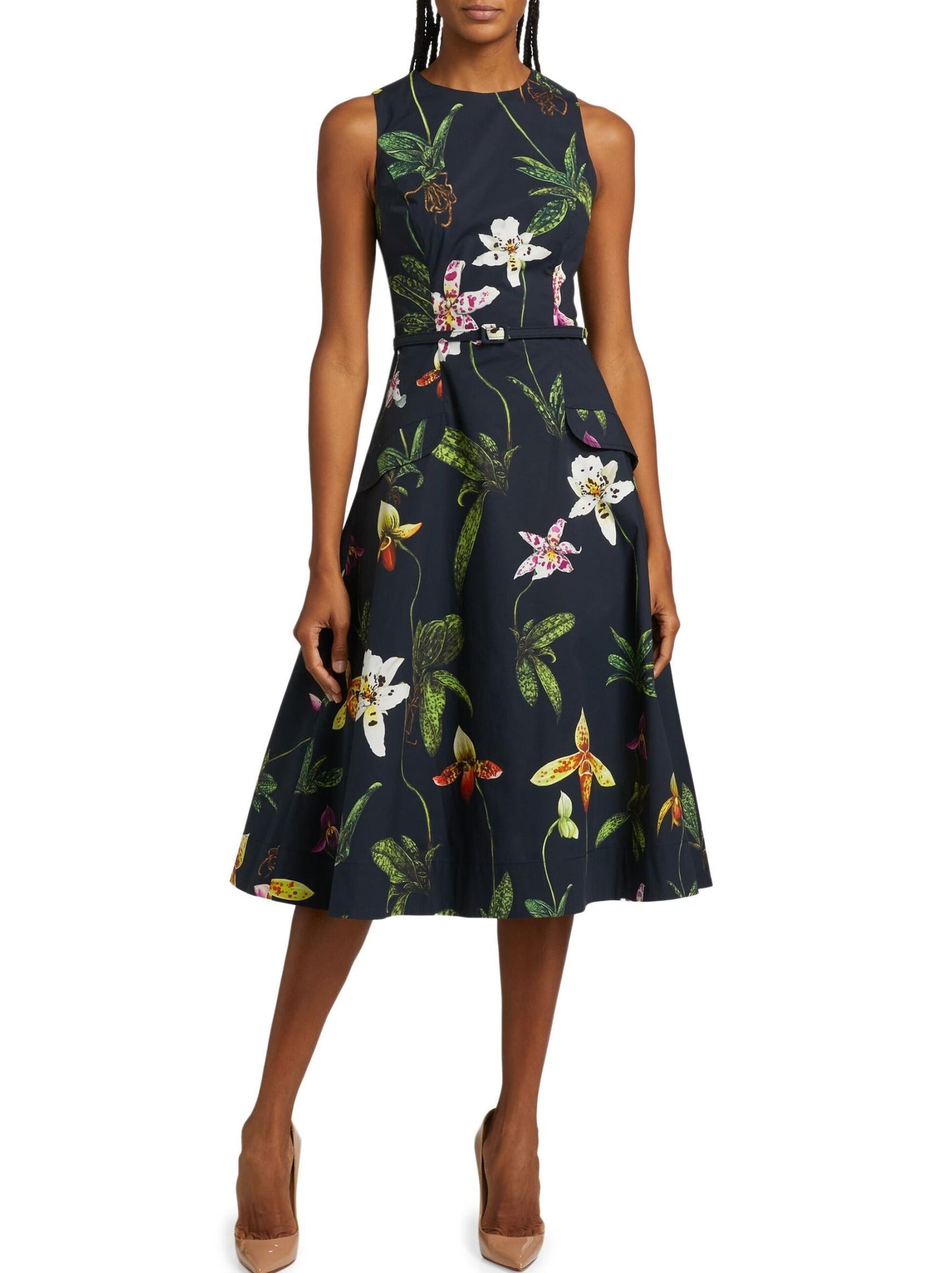 Belted Orchid Print Fit & Flare Midi Dress featuring a vibrant floral print design