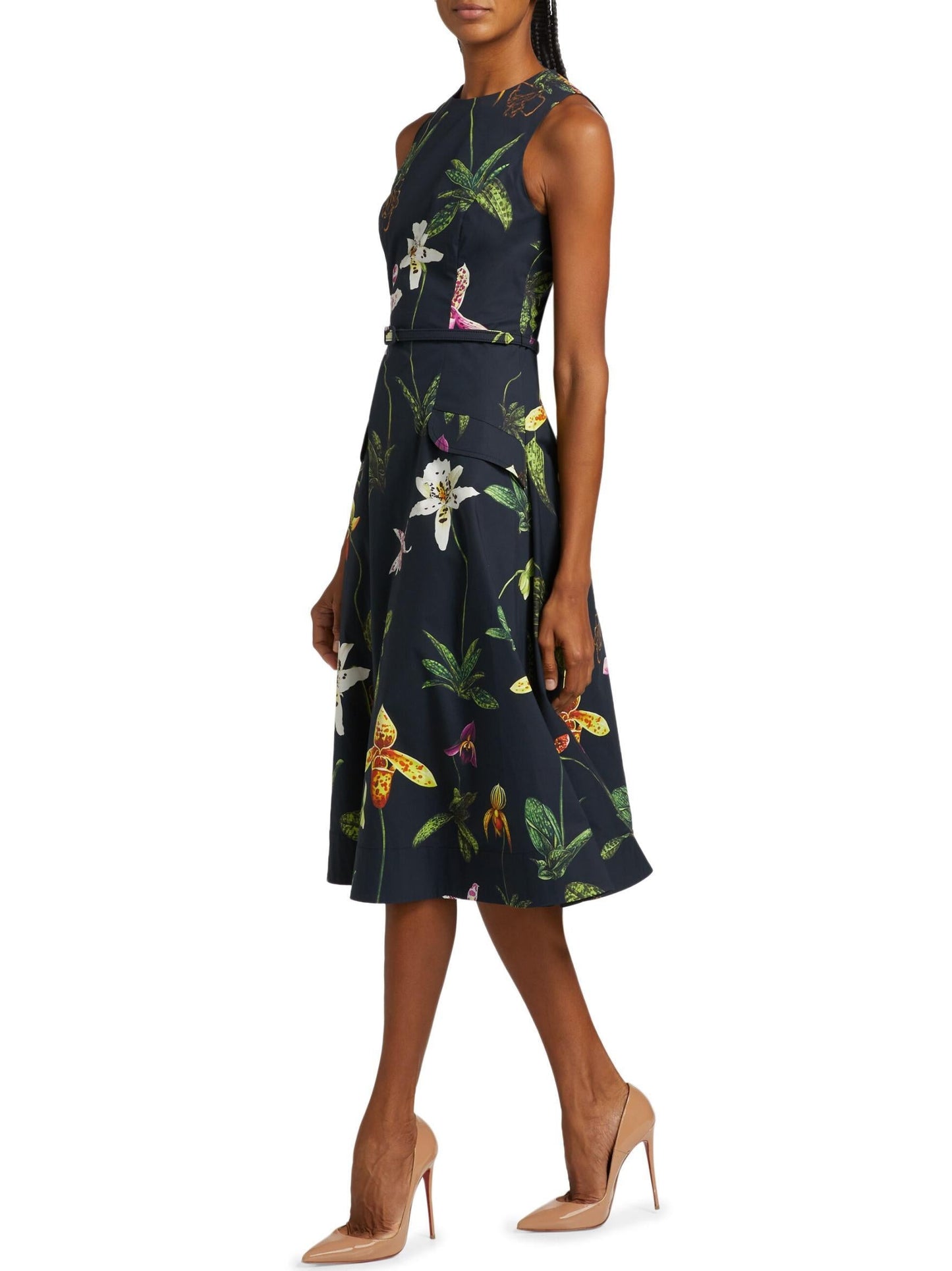 Belted Orchid Print Fit & Flare Midi Dress featuring a vibrant floral print design