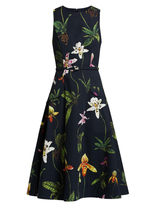 Belted Orchid Print Fit & Flare Midi Dress featuring a vibrant floral print design