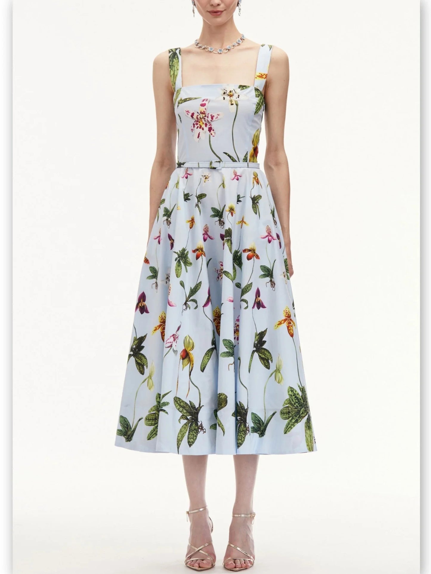 Belted Orchid Printed Light Blue Sundress - Dresses