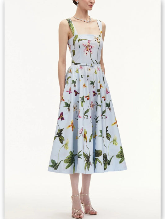 Belted Orchid Printed Light Blue Sundress - Dresses