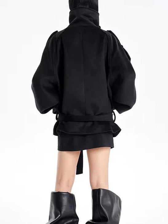 Belted Oversize High-Collar Jacket in Black - Jackets