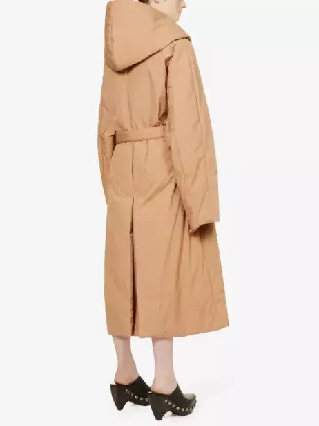 Belted Padded Wrap Coat in Beige - Coats