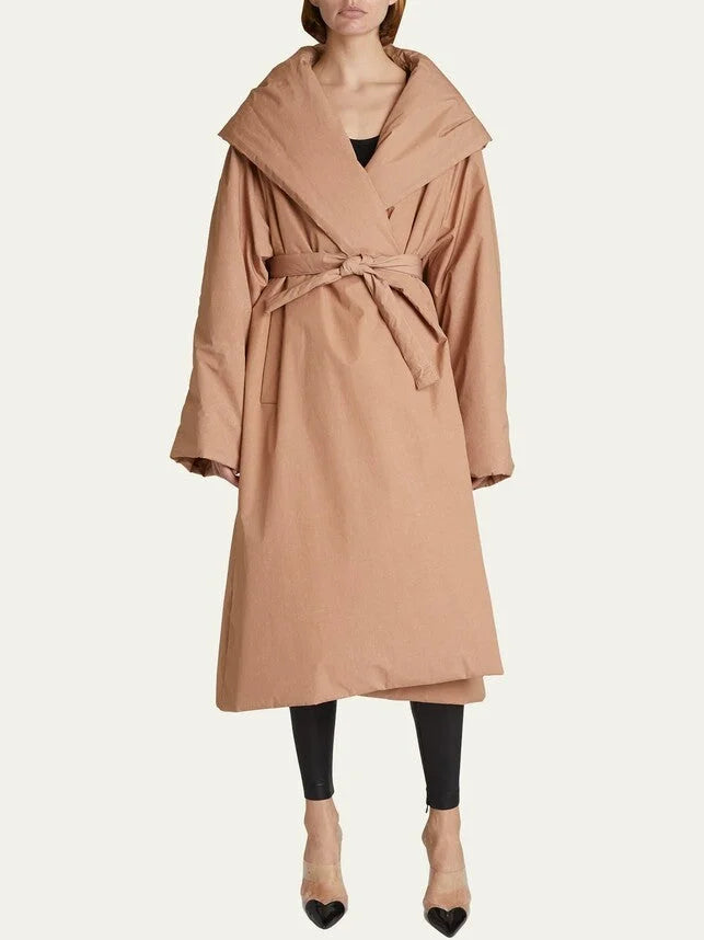 Belted Padded Wrap Coat in Beige - Coats
