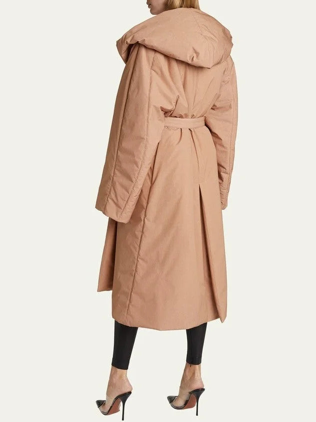 Belted Padded Wrap Coat in Beige - Coats
