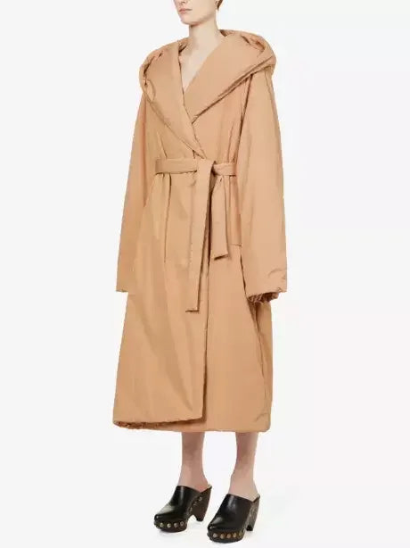 Belted Padded Wrap Coat in Beige - Coats