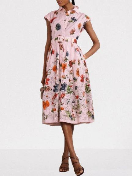 Belted Pink Floral Printed Sleeveless Shirt Dress - Dresses