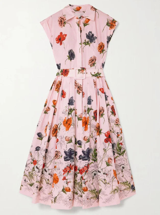 Belted Pink Floral Printed Sleeveless Shirt Dress - S - Dresses