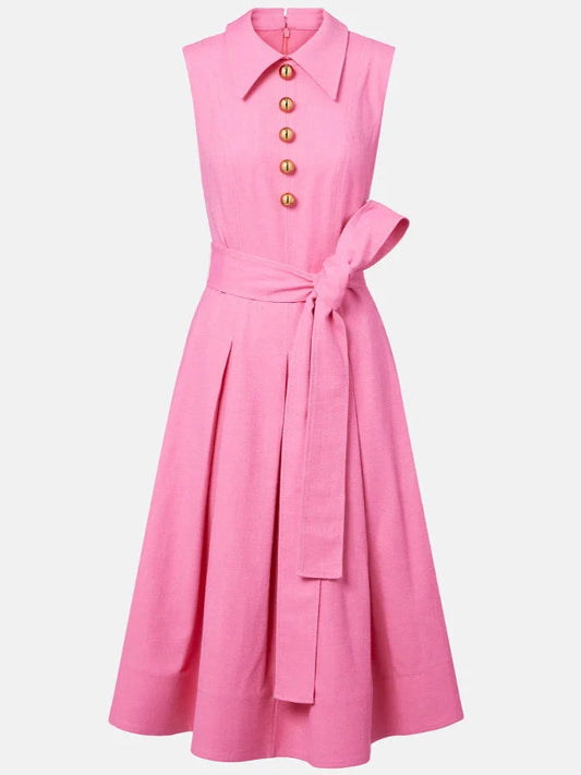 Belted Pink Sleeveless Midi Shirt Dress - Dresses