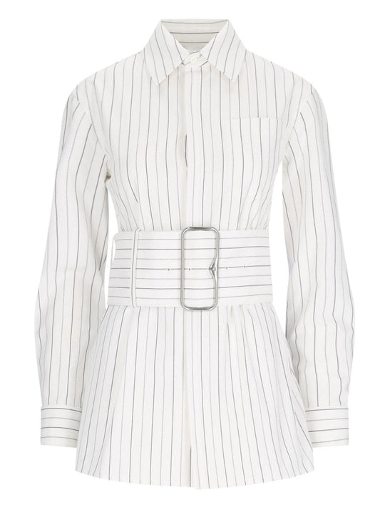 Belted Pinstripe Cotton Shirt - Tops