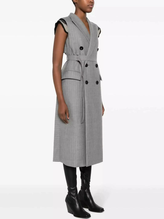 Belted Pinstripe Double-Breasted Vest-Dress - Dresses