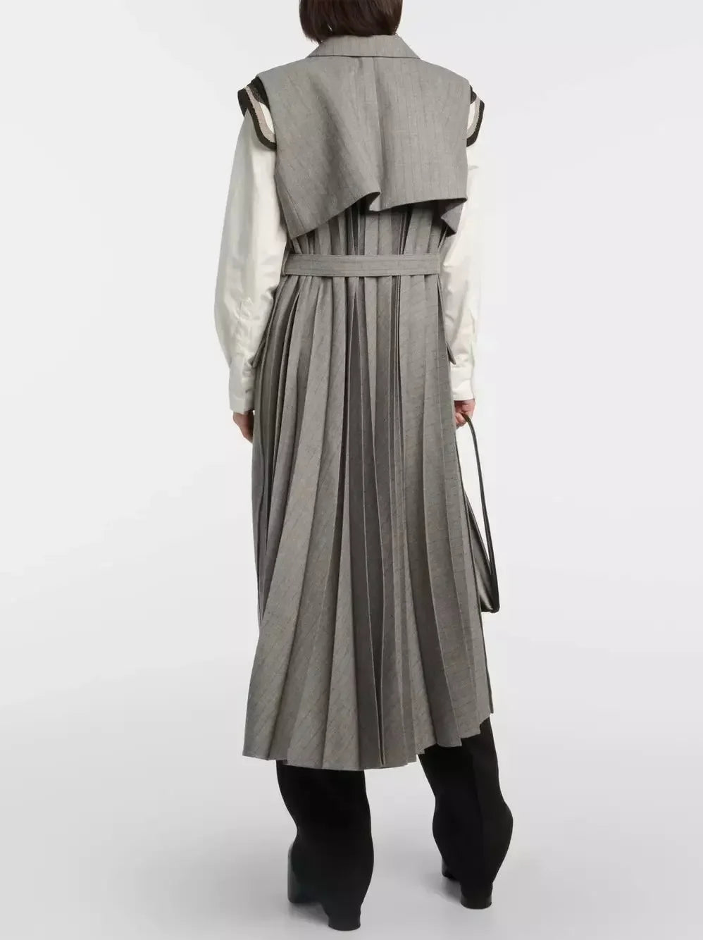 Belted Pinstripe Double-Breasted Vest-Dress - Dresses