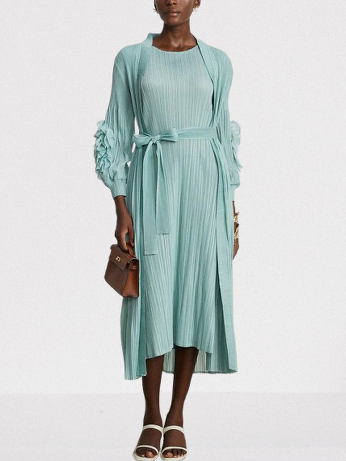 Belted Pleated Mint Green Robe Coat and Dress Set - Suits & Sets