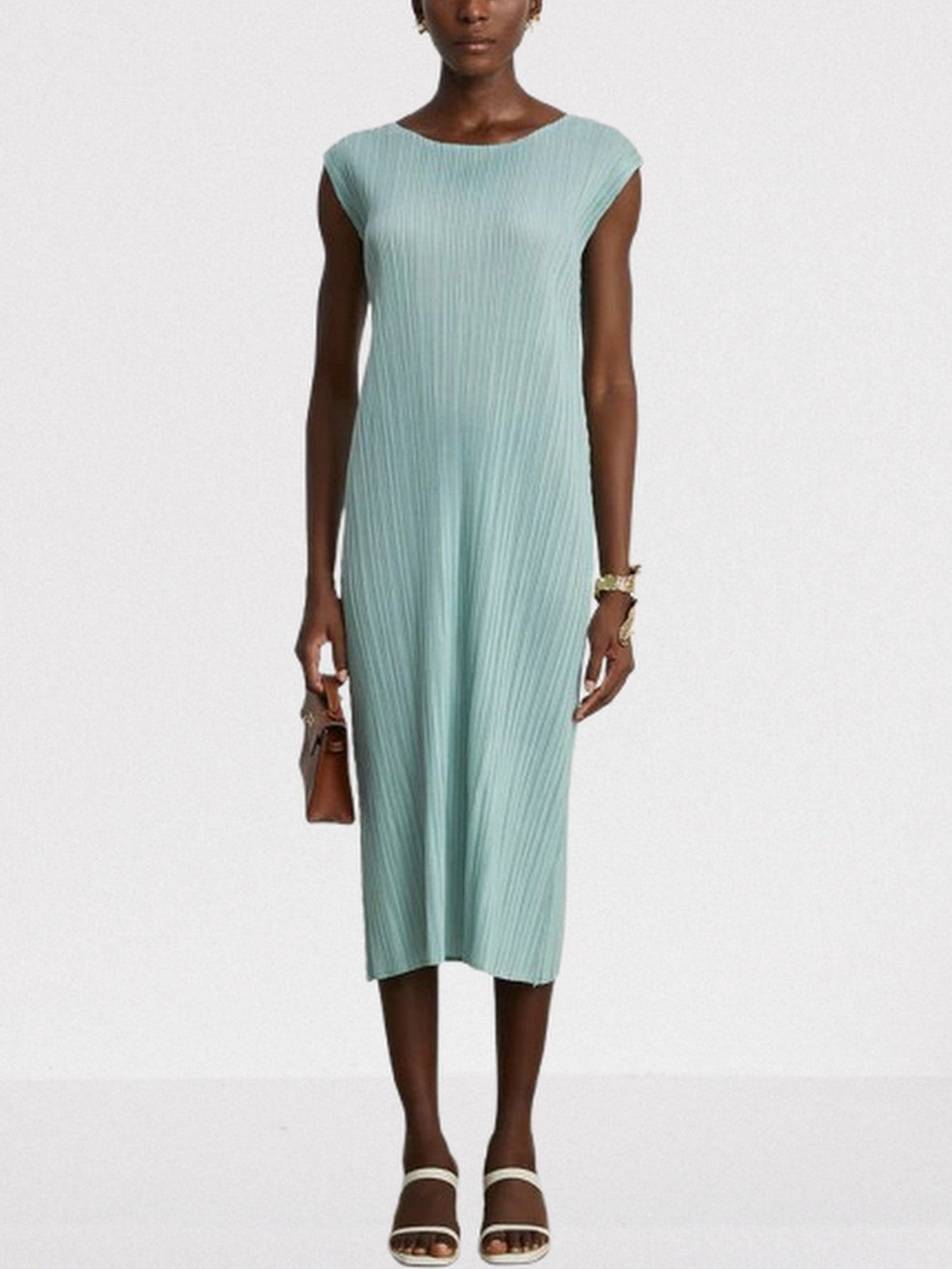 Belted Pleated Mint Green Robe Coat and Dress Set - Suits & Sets