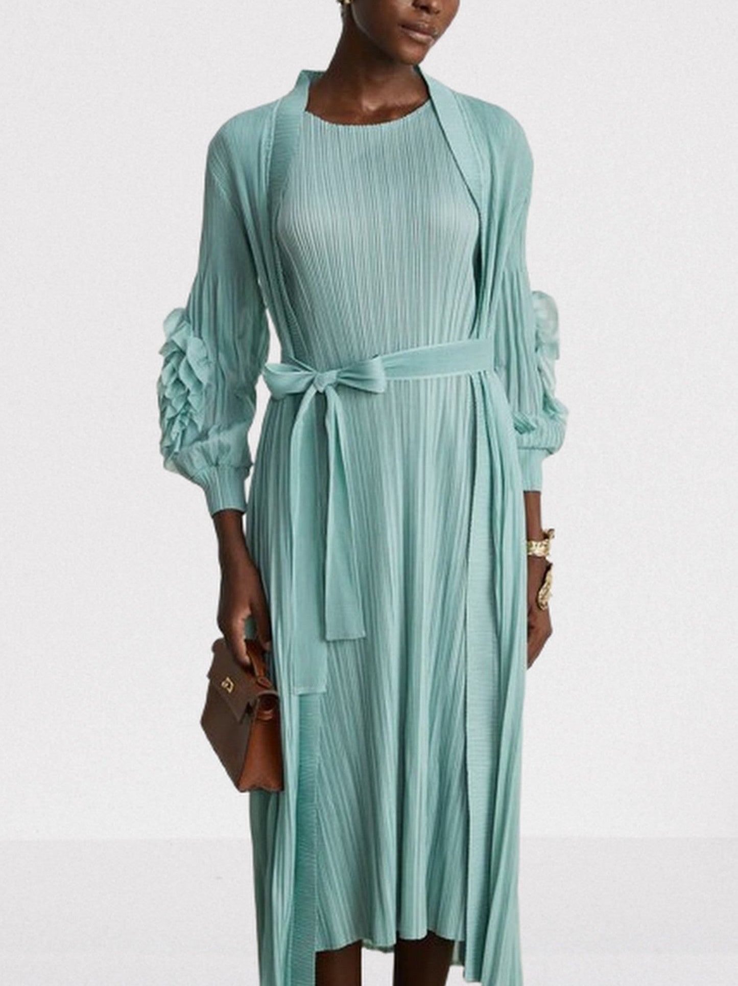 Belted Pleated Mint Green Robe Coat and Dress Set - Suits & Sets