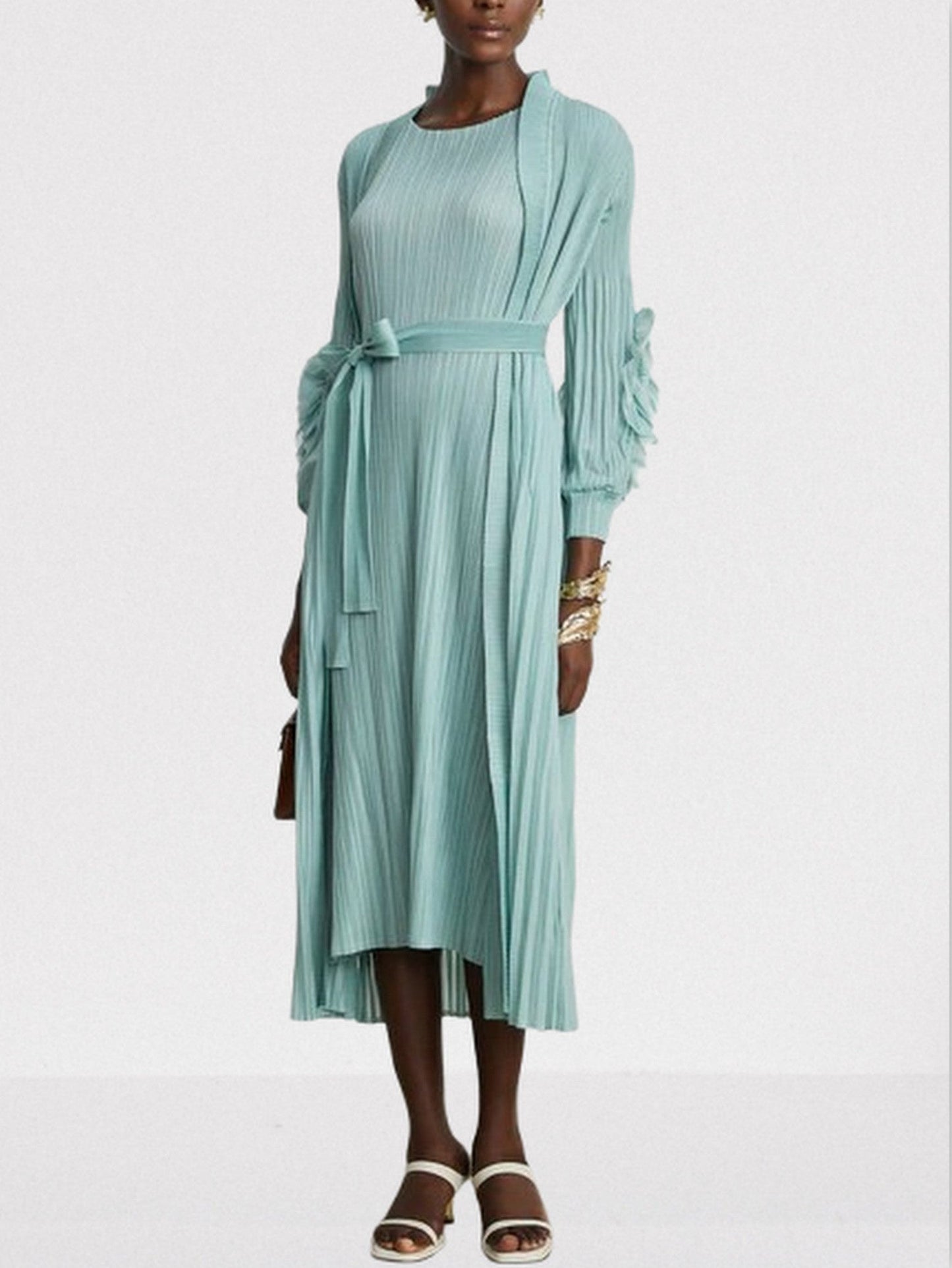 Belted Pleated Mint Green Robe Coat and Dress Set - Suits & Sets