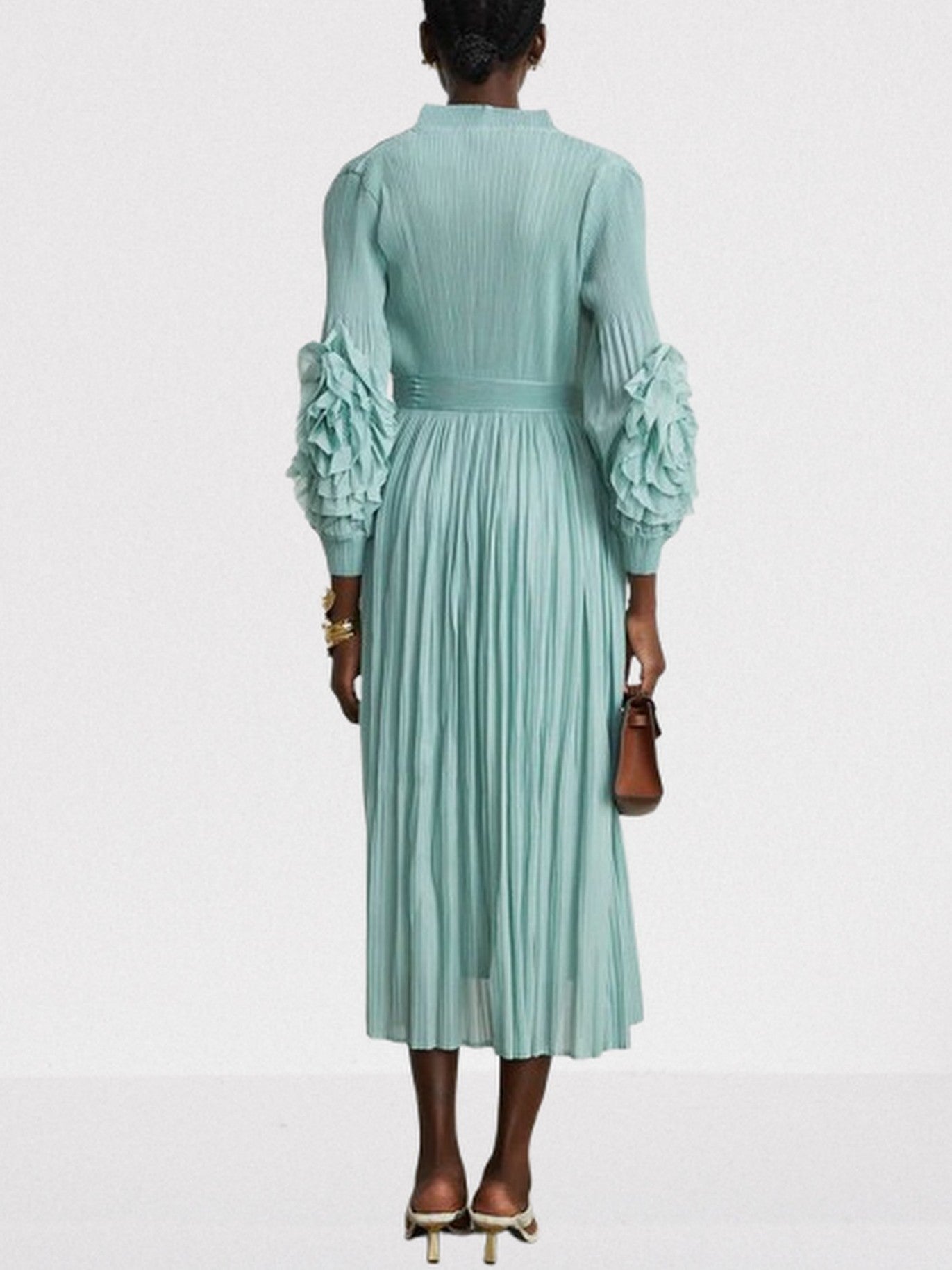 Belted Pleated Mint Green Robe Coat and Dress Set - Suits & Sets