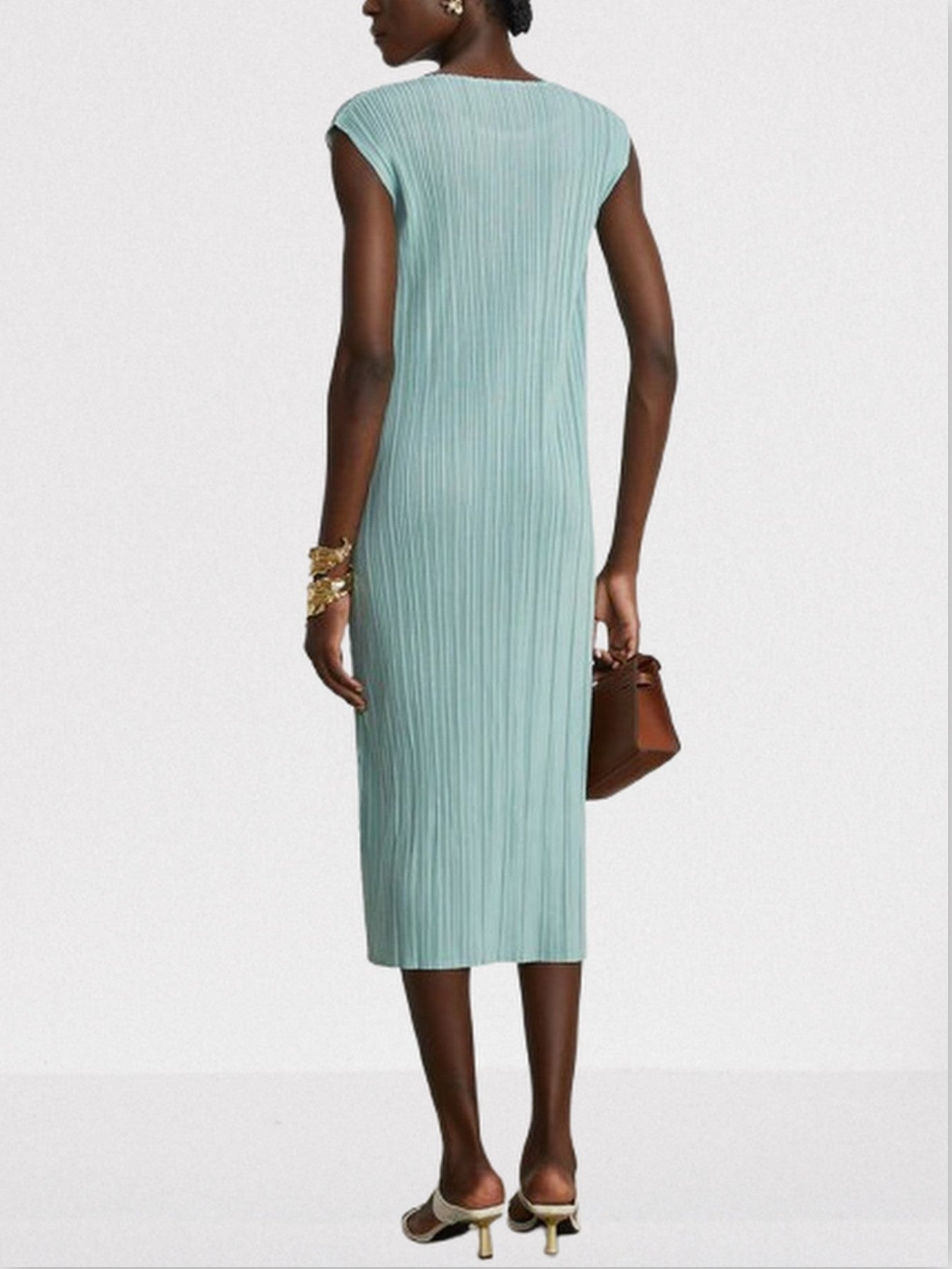 Belted Pleated Mint Green Robe Coat and Dress Set - Suits & Sets