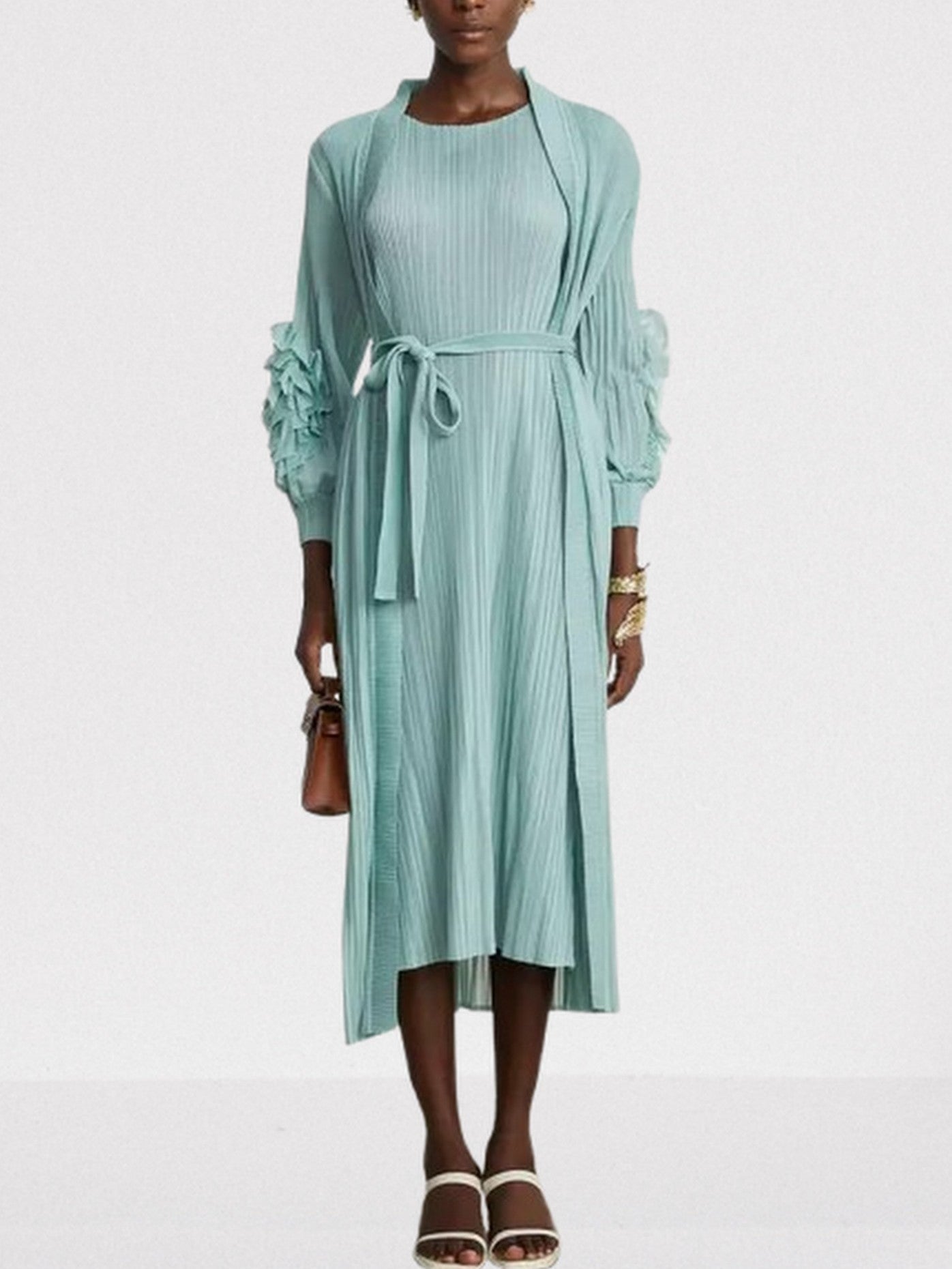 Belted Pleated Mint Green Robe Coat and Dress Set - Suits & Sets