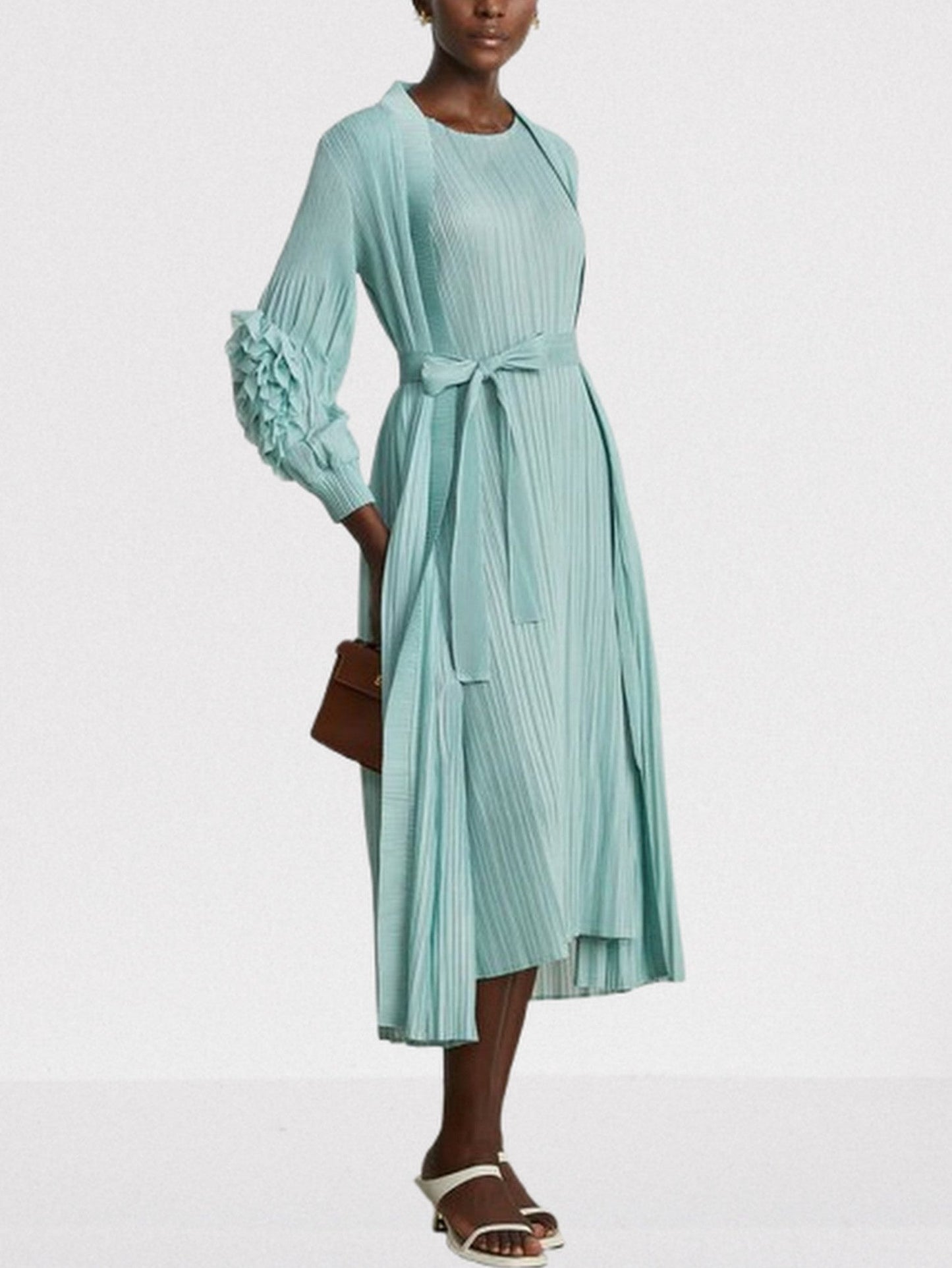 Belted Pleated Mint Green Robe Coat and Dress Set - Suits & Sets