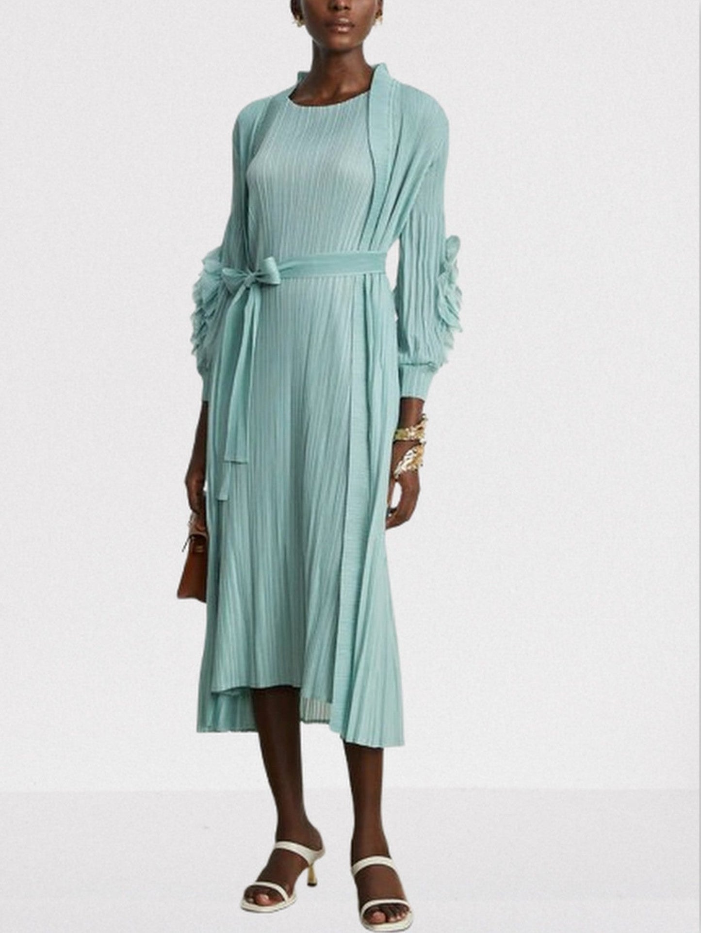 Belted Pleated Mint Green Robe Coat and Dress Set - Suits & Sets