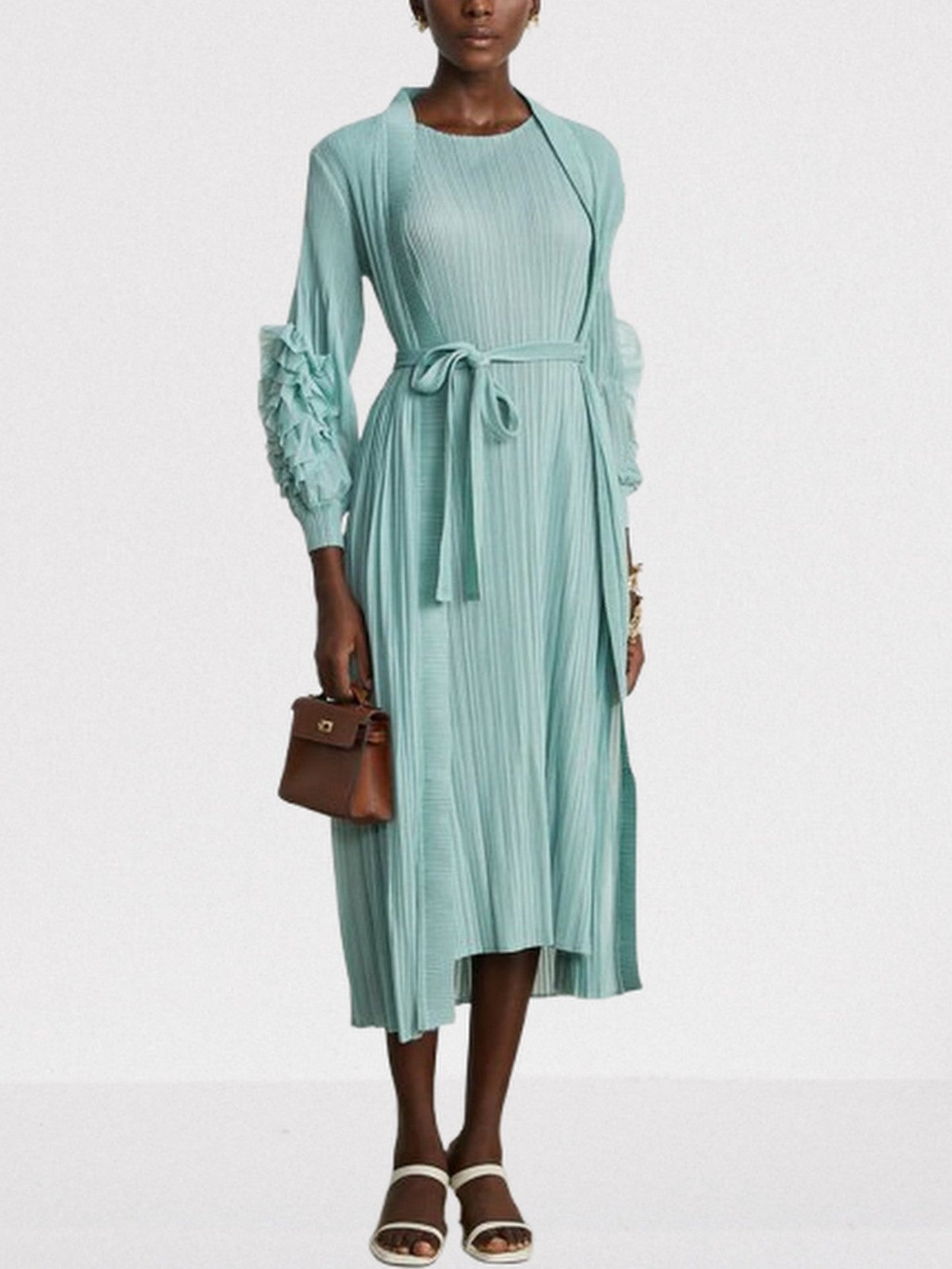 Belted Pleated Mint Green Robe Coat and Dress Set - Suits & Sets