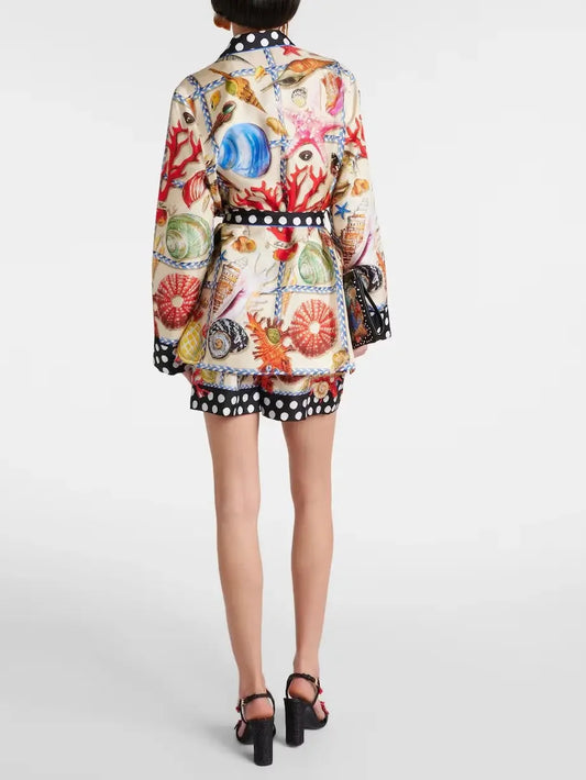 Belted Polka Dot and Shell Print Pajama Shirt and Short Set - Suits & Sets