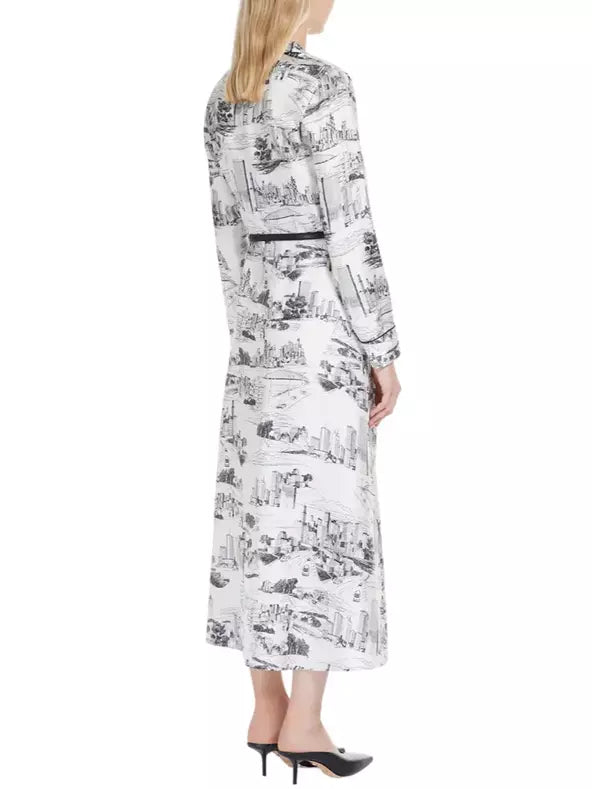 White Belted Print Lounge Robe Midi Dress featuring a chic black cityscape print