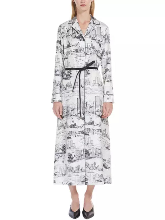 Long-sleeved belted print lounge robe midi dress with stylish patterns and a belt