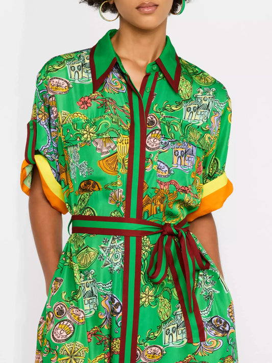 Green patterned Belted Printed Color Block Trim Midi Shirt Dress on display
