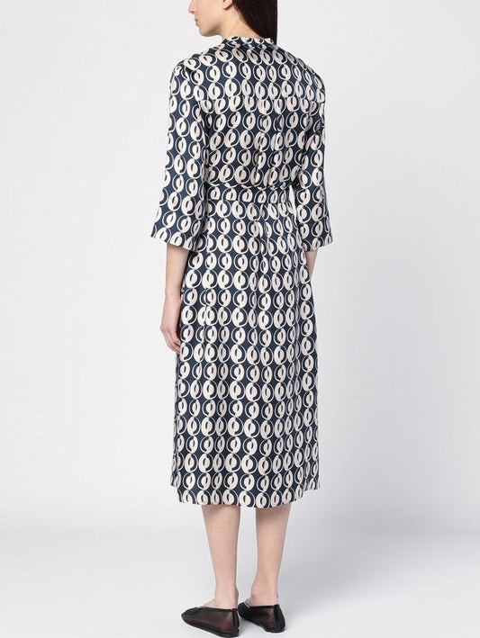 Belted Printed Silk Midi Dress with a geometric pattern for stylish elegance