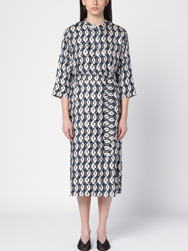 Belted Printed Silk Midi Dress featuring a stylish patterned design and belt detail
