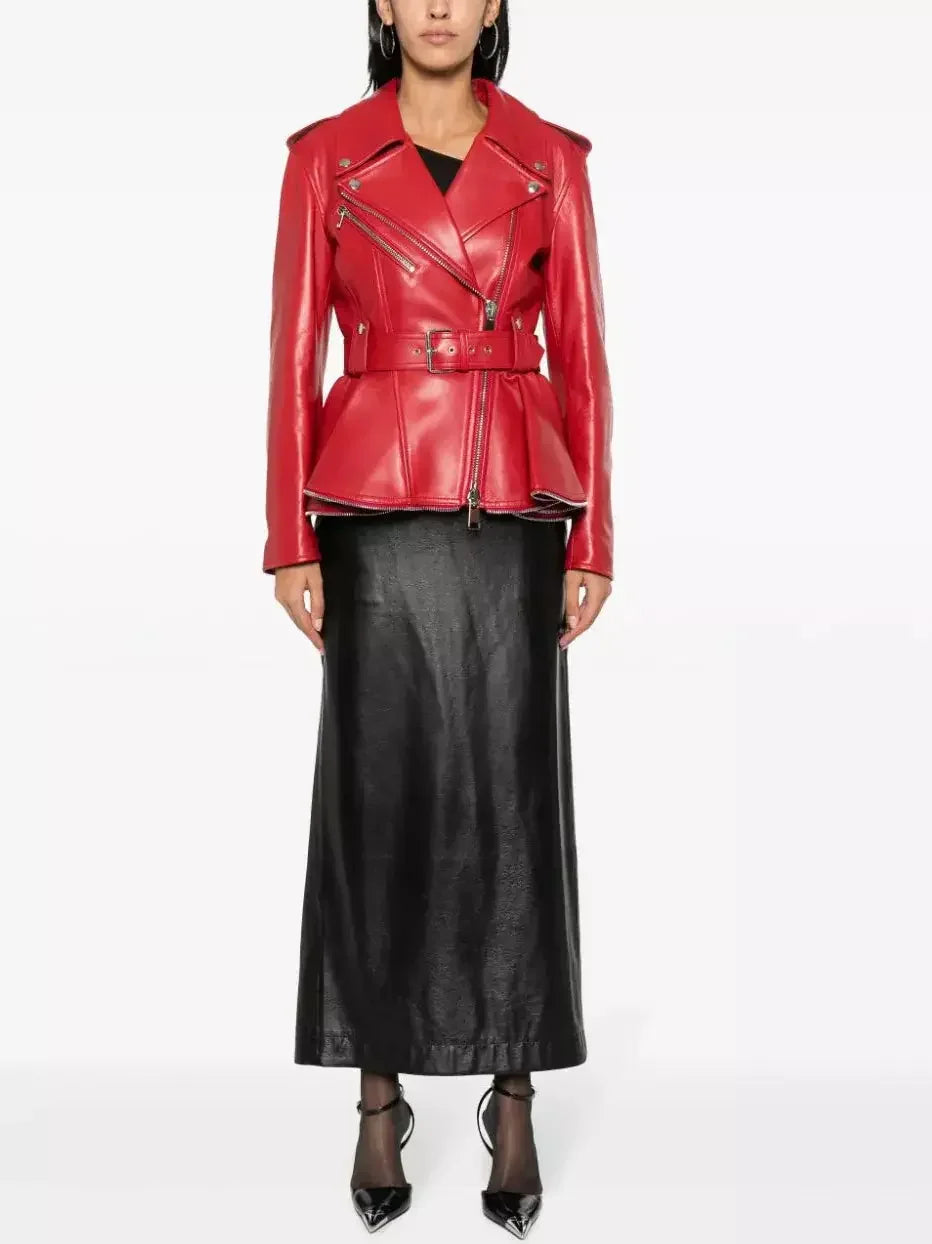 Belted Red Peplum Leather Biker Jacket - Jackets