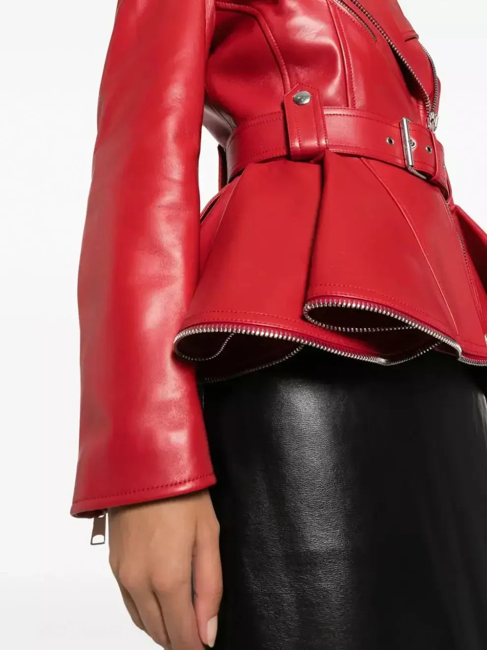 Belted Red Peplum Leather Biker Jacket - Jackets