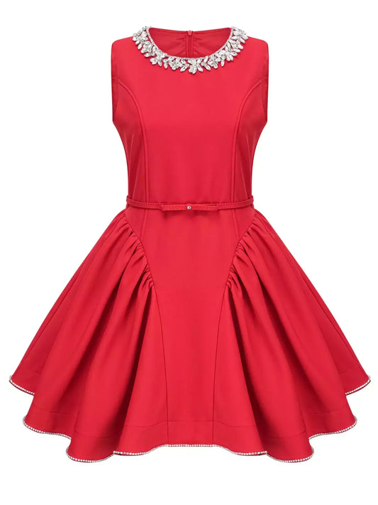 Belted Red Pleated Paneled Flared Mini Dress - Dresses