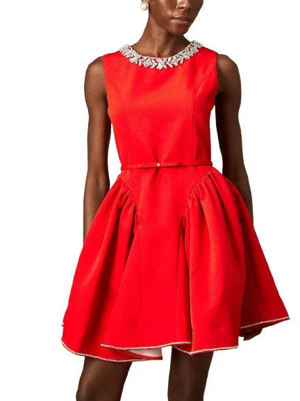 Belted Red Pleated Paneled Flared Mini Dress - Dresses