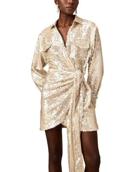 Belted Sequin-Embellished Wrap Mini Dress - Dresses