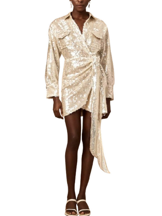 Belted Sequin-Embellished Wrap Mini Dress - Dresses